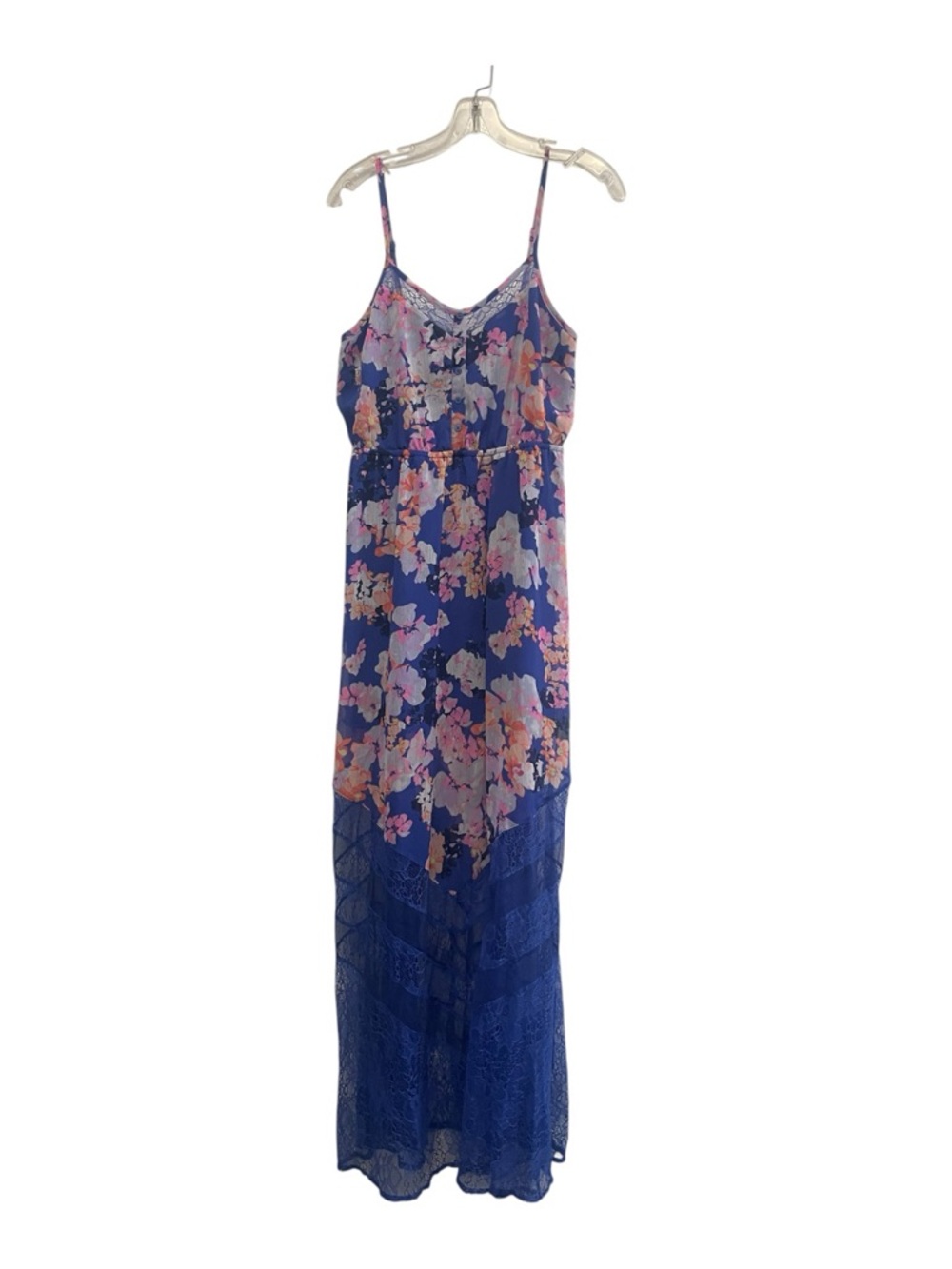Candie's Blue Floral Lace-Trim Spaghetti Strap Maxi Dress